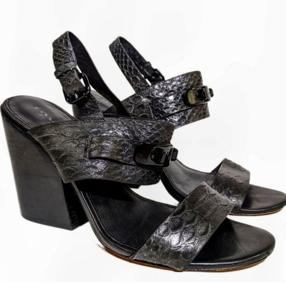 Coach 'Dennis' Snake Embossed Black Block Heel Sandals Sz 9.5